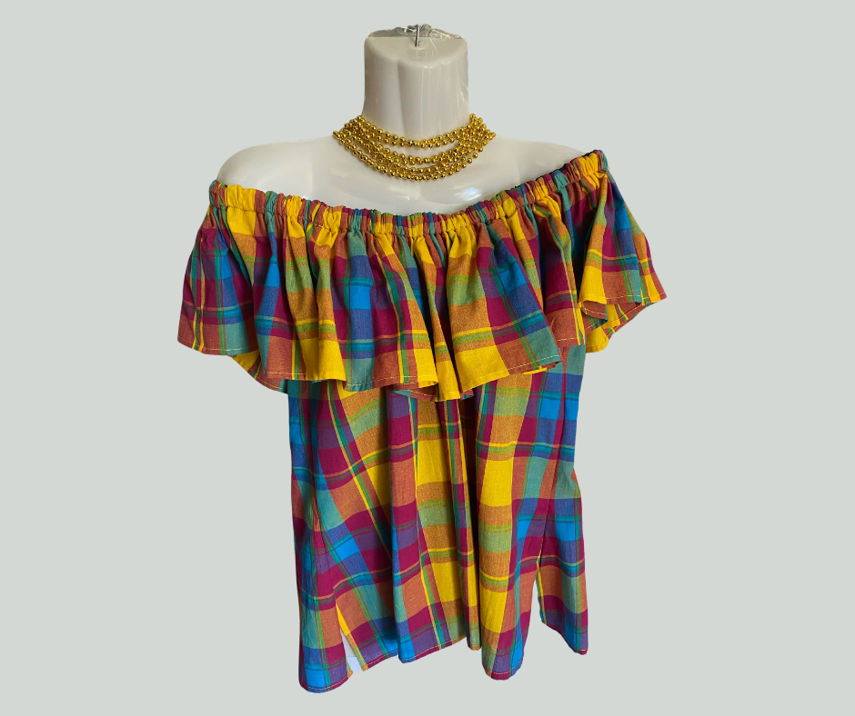 Single Layer Off-Shoulder Madras Blouse Kaleidoscope