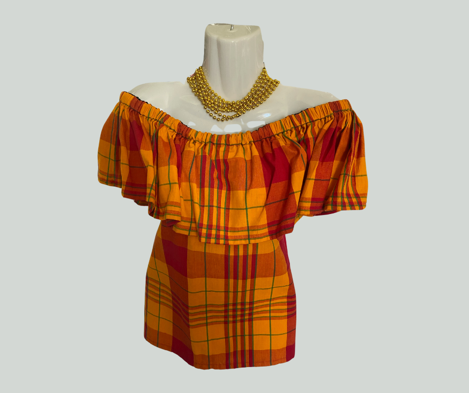 Single Layer Off-Shoulder Madras Blouse Vibrant Orange