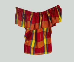 Single Layer Off-Shoulder Madras Blouse Bold Red