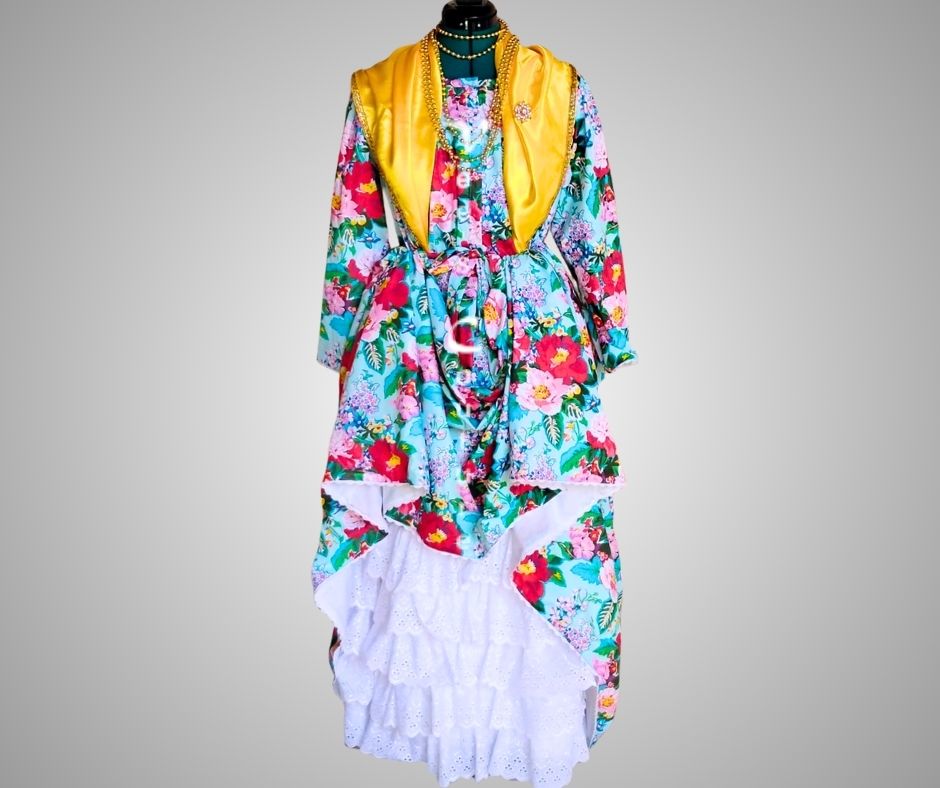 Floral Wòb Dwiyèt with yellow  scarf and white petticoat by Vee’s Couture, Dominica