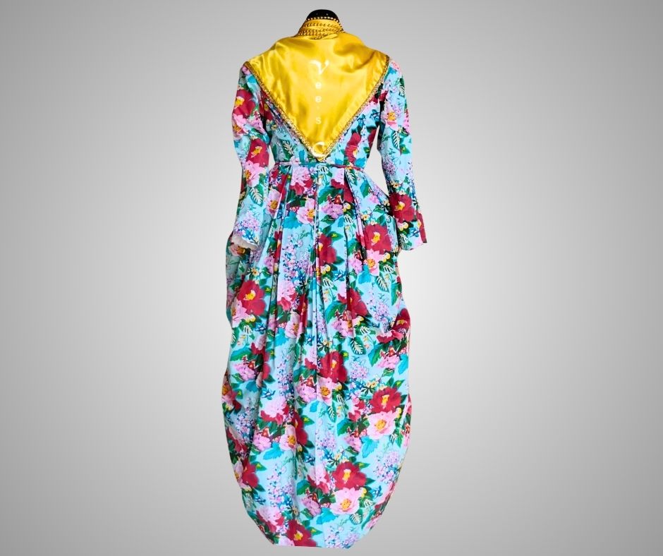Back view of floral authentic Wòb Dwiyèt with yellow scarf /foula by Vee’s Couture, Dominica
