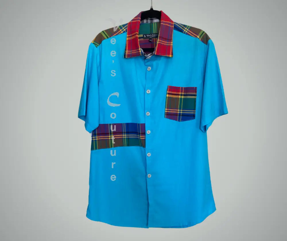 Blue Cotton W/ Madras - Men Shirt Caribbean Cool / Medium Men’s Shirt