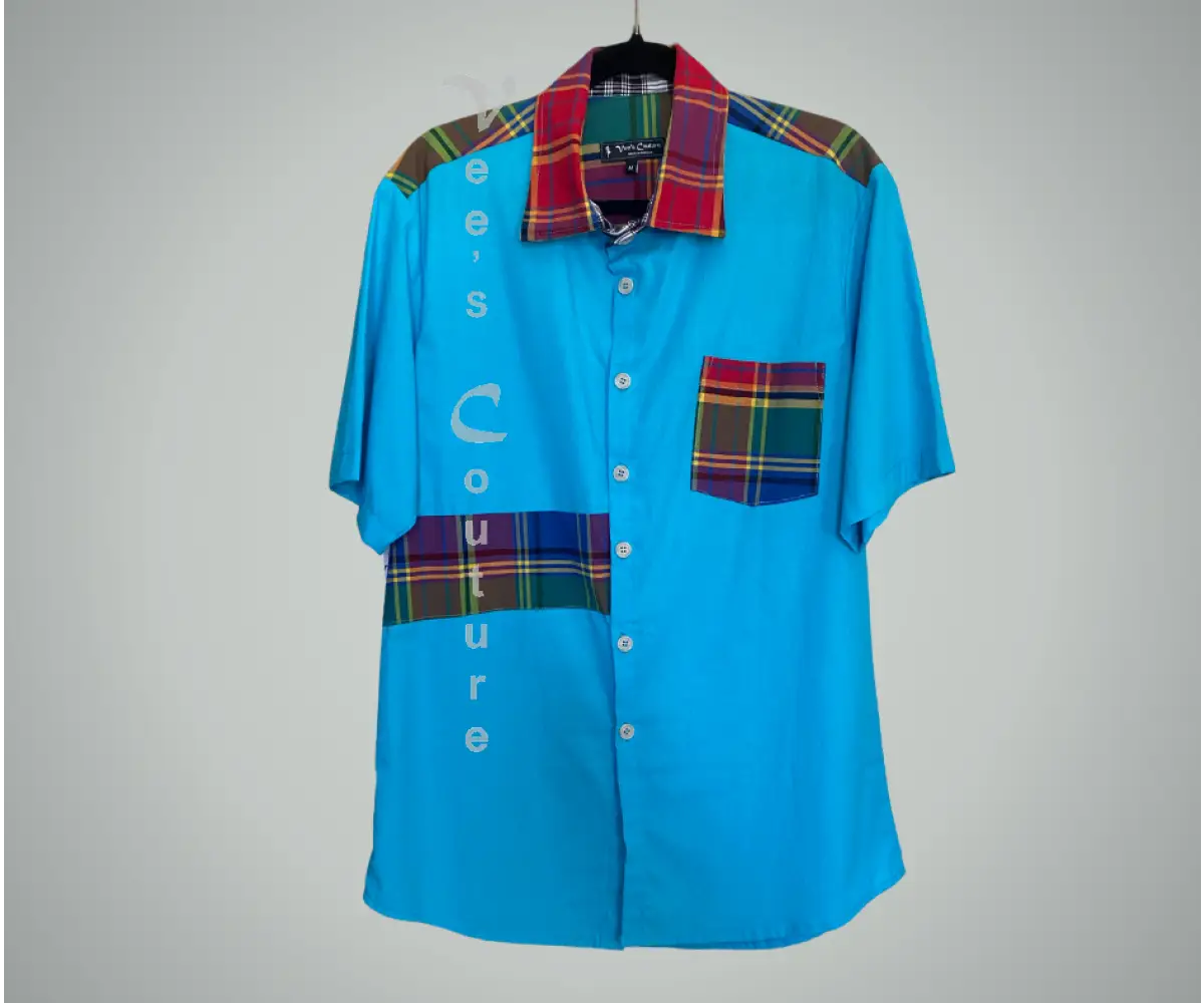 Blue Cotton W/ Madras - Men Shirt Caribbean Cool / Medium Men’s Shirt
