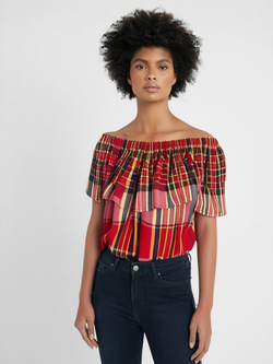 Single Layer Off-Shoulder Madras Blouse Classic Red