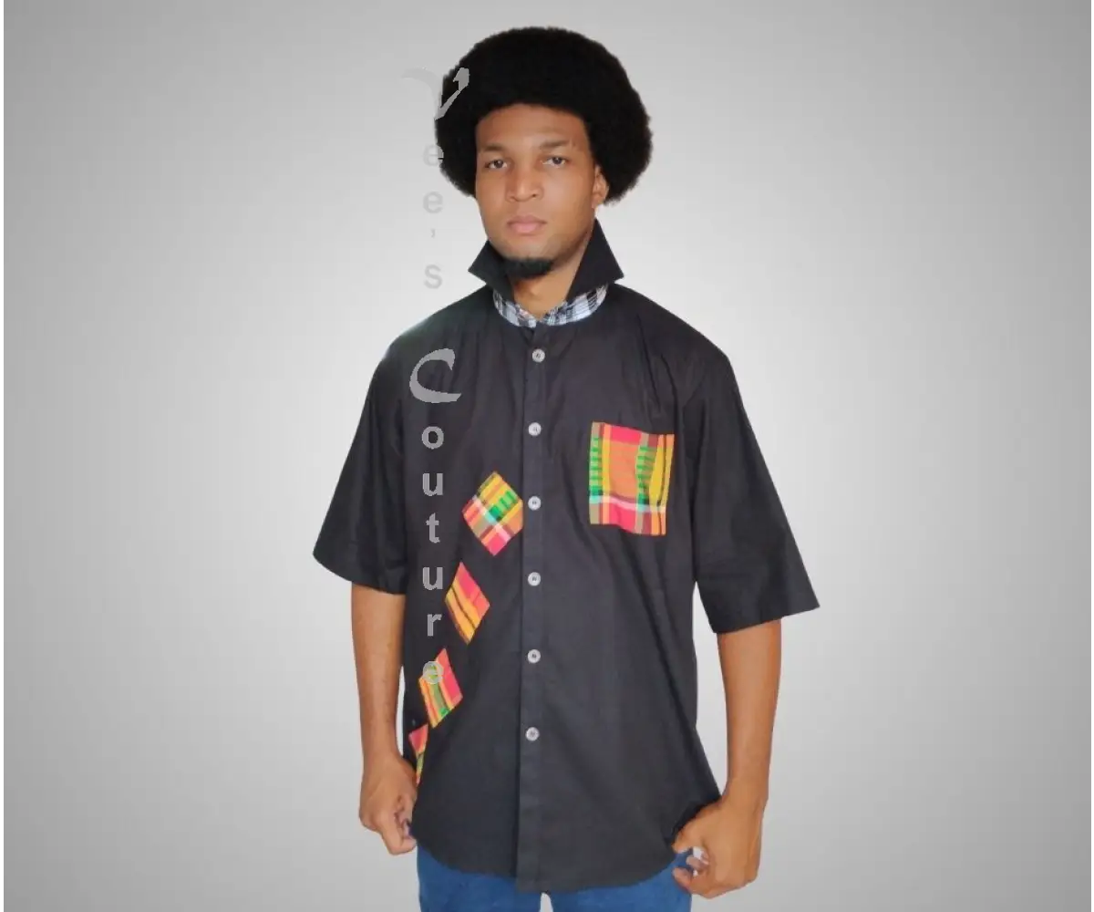 Madras Patchwork Button Down - Black MEN’S SHIRT