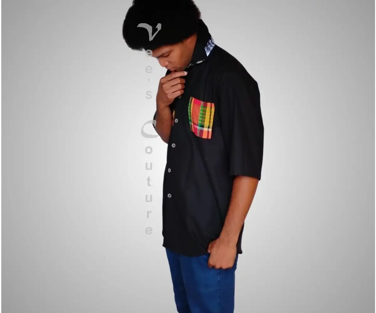 Madras Patchwork Button Down - Black MEN’S SHIRT