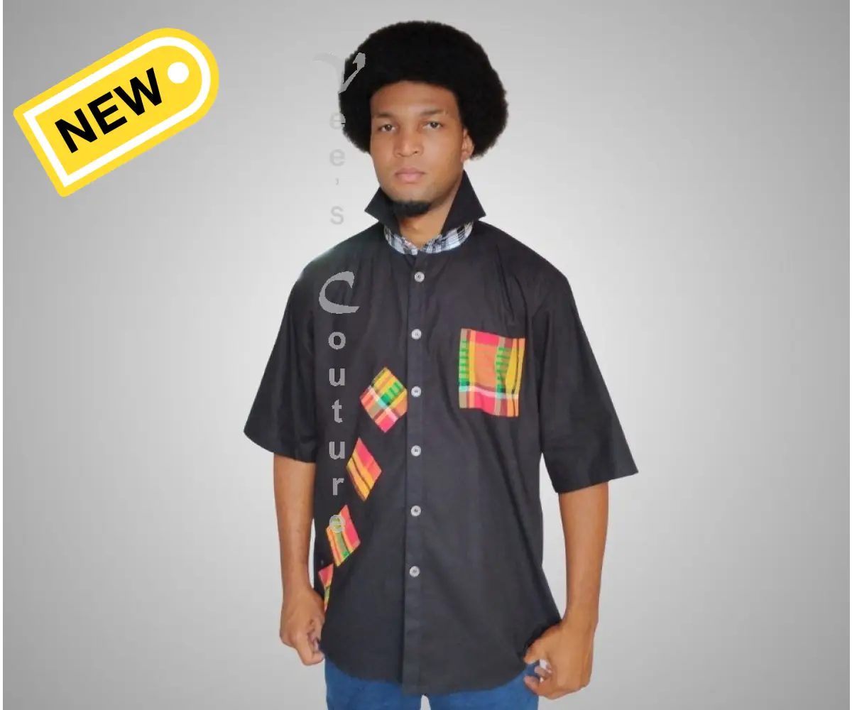 Madras Patchwork Button Down - Black MEN’S SHIRT