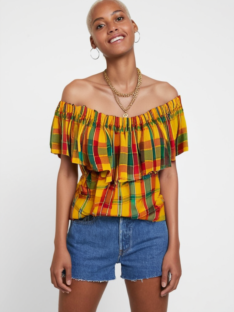 Single Layer Off-Shoulder Madras Blouse