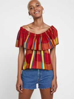 Single Layer Off-Shoulder Madras Blouse