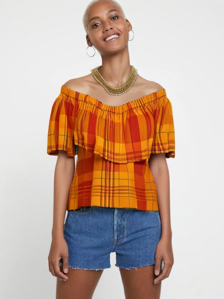 Single Layer Off-Shoulder Madras Blouse