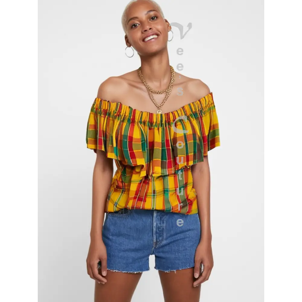 Single Layer Off-Shoulder Madras Blouse