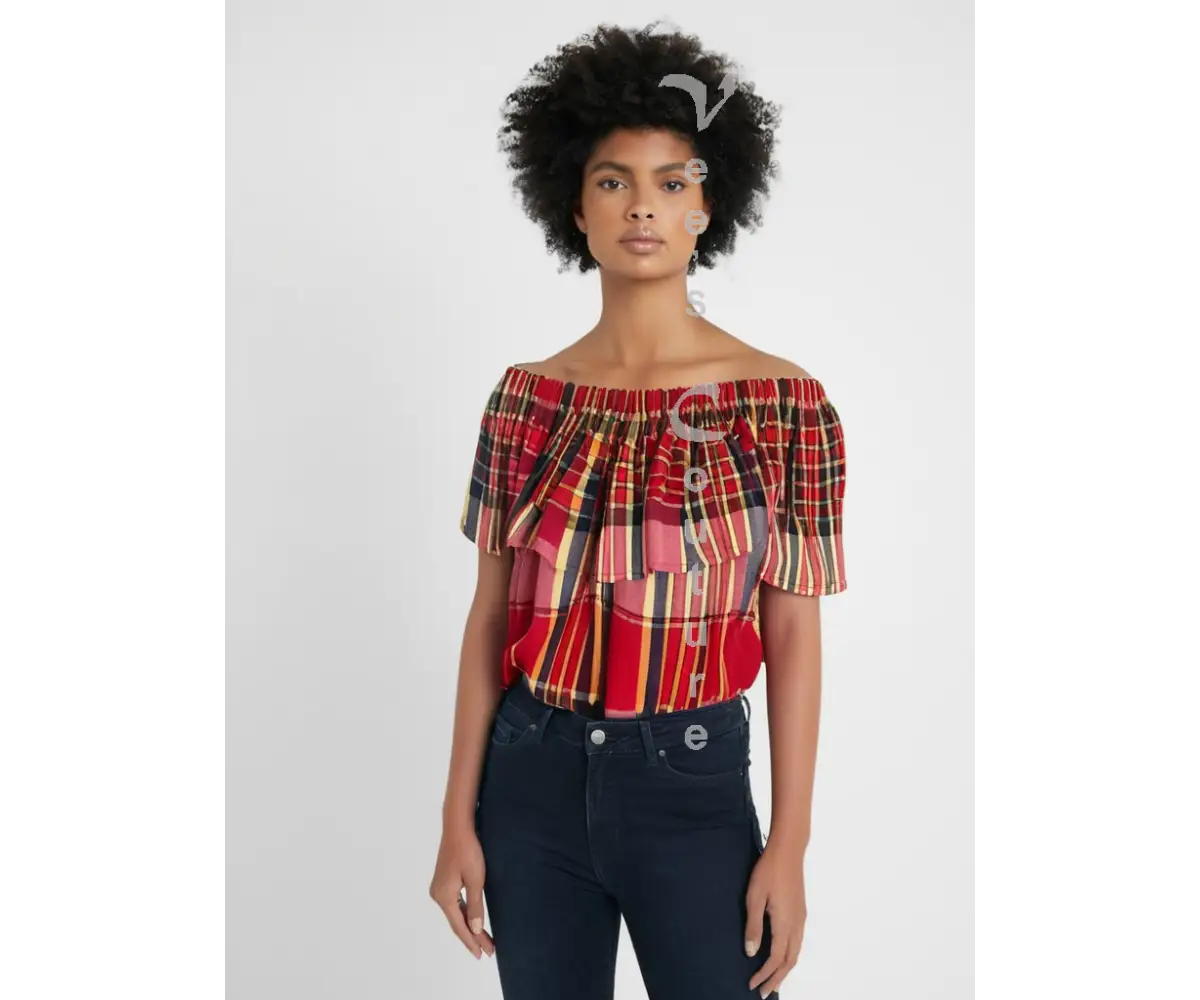 Single Layer Off-Shoulder Madras Blouse Classic Red