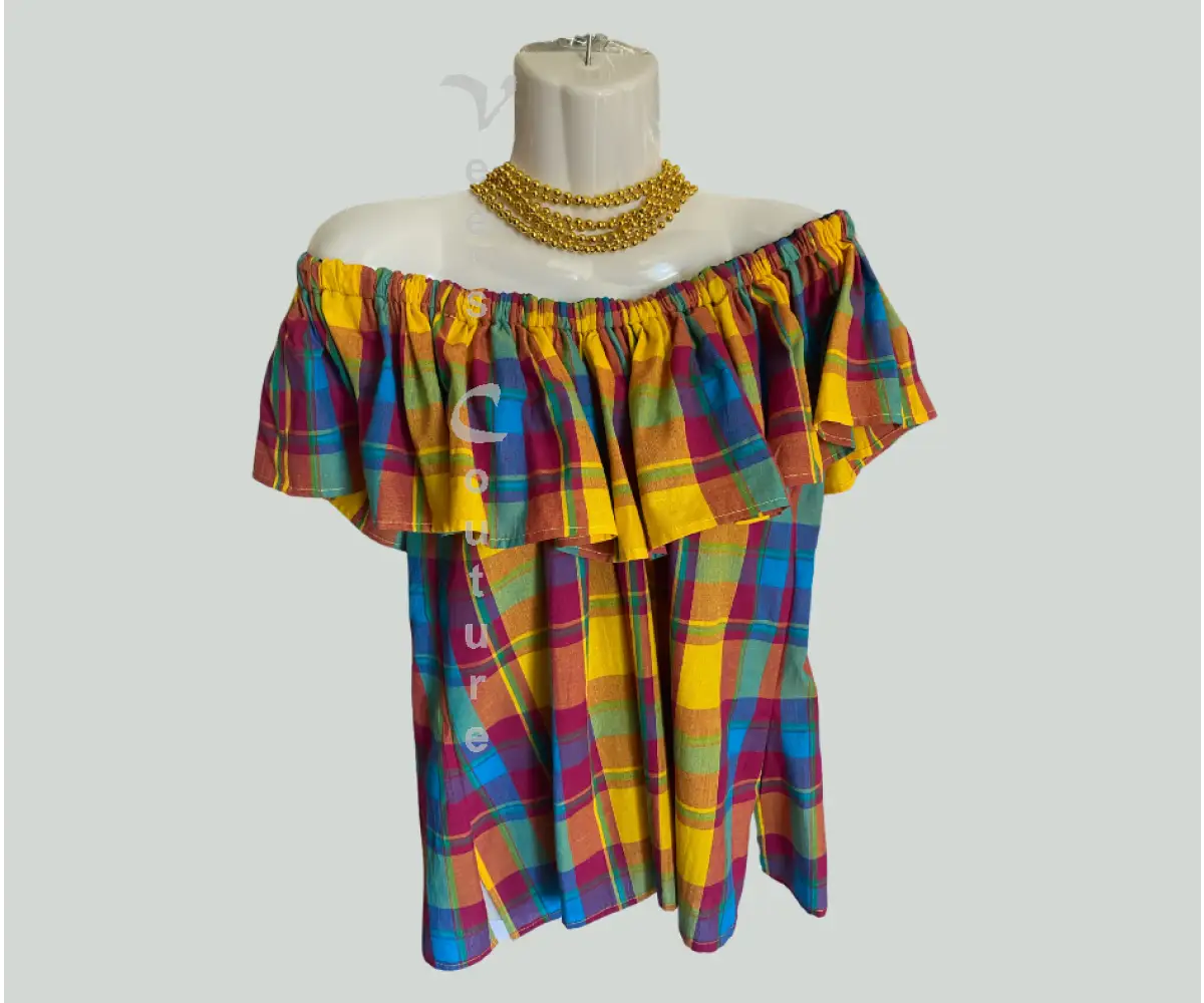 Single Layer Off-Shoulder Madras Blouse Kaleidoscope