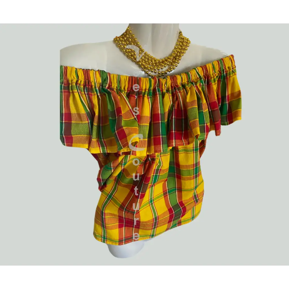 Single Layer Off-Shoulder Madras Blouse Liberating Yellow