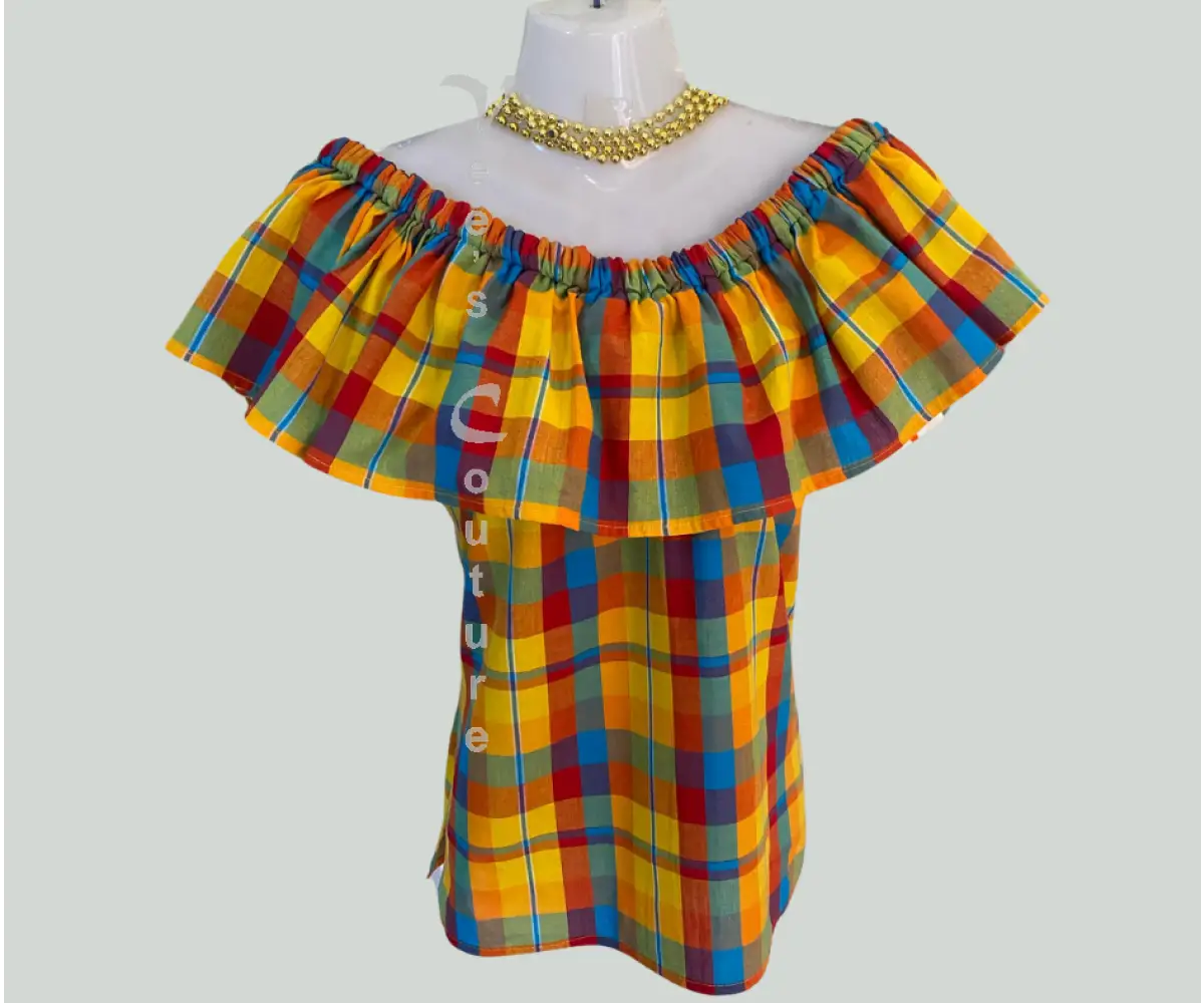 Single Layer Off-Shoulder Madras Blouse Mango Passion / S/M top