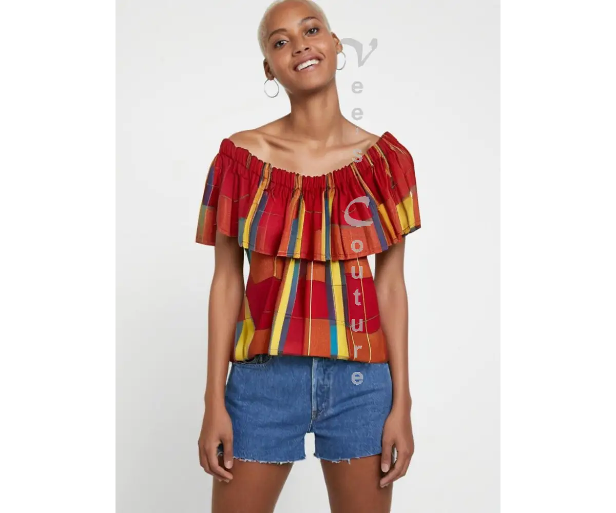 Single Layer Off-Shoulder Madras Blouse