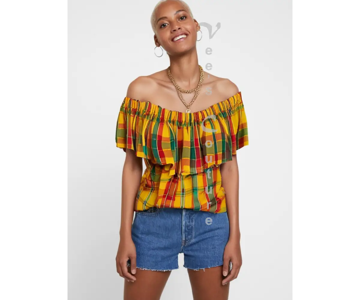 Single Layer Off-Shoulder Madras Blouse