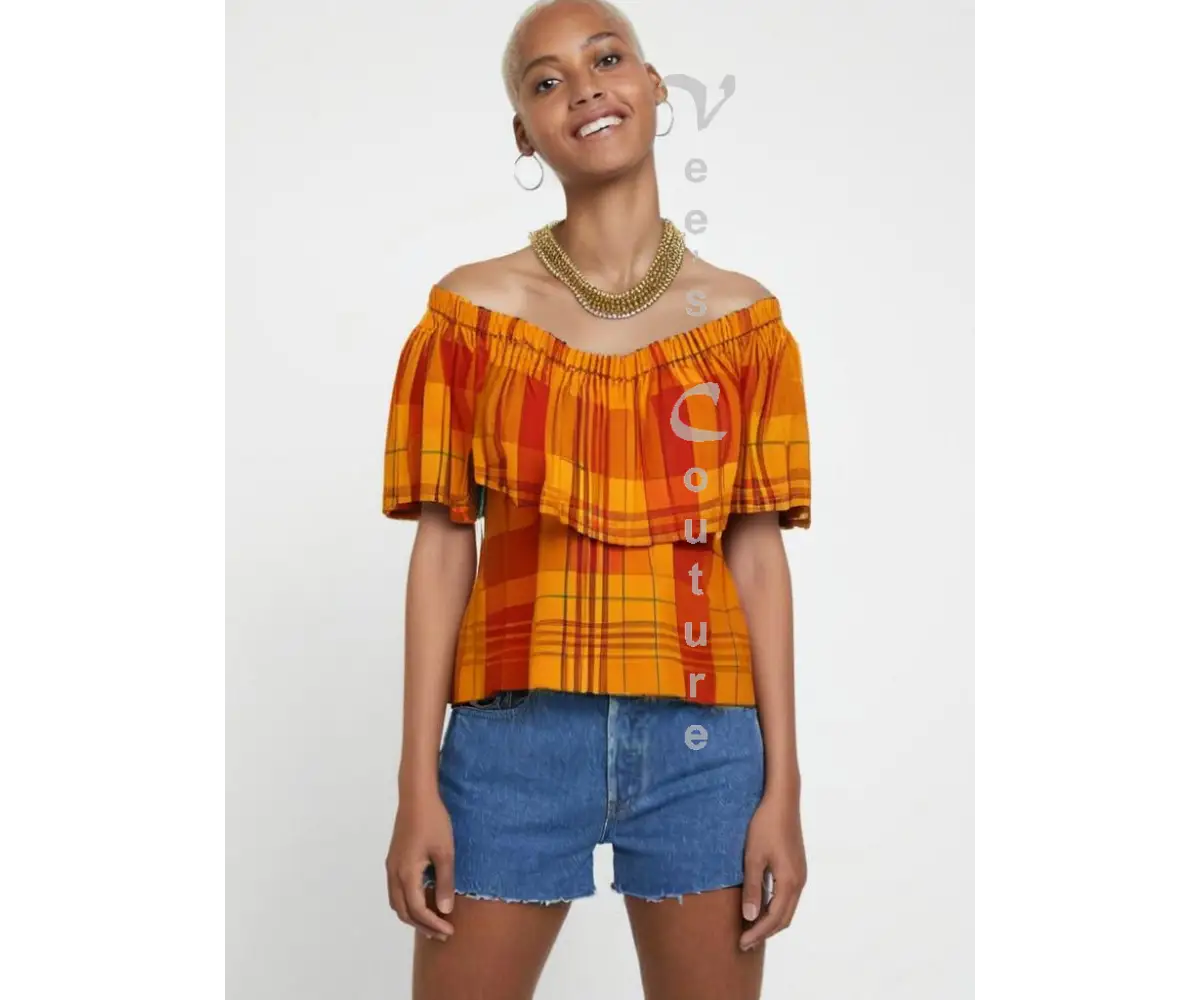 Single Layer Off-Shoulder Madras Blouse