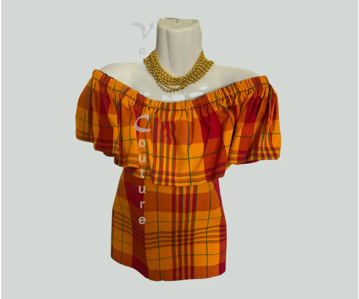 Single Layer Off-Shoulder Madras Blouse Vibrant Orange