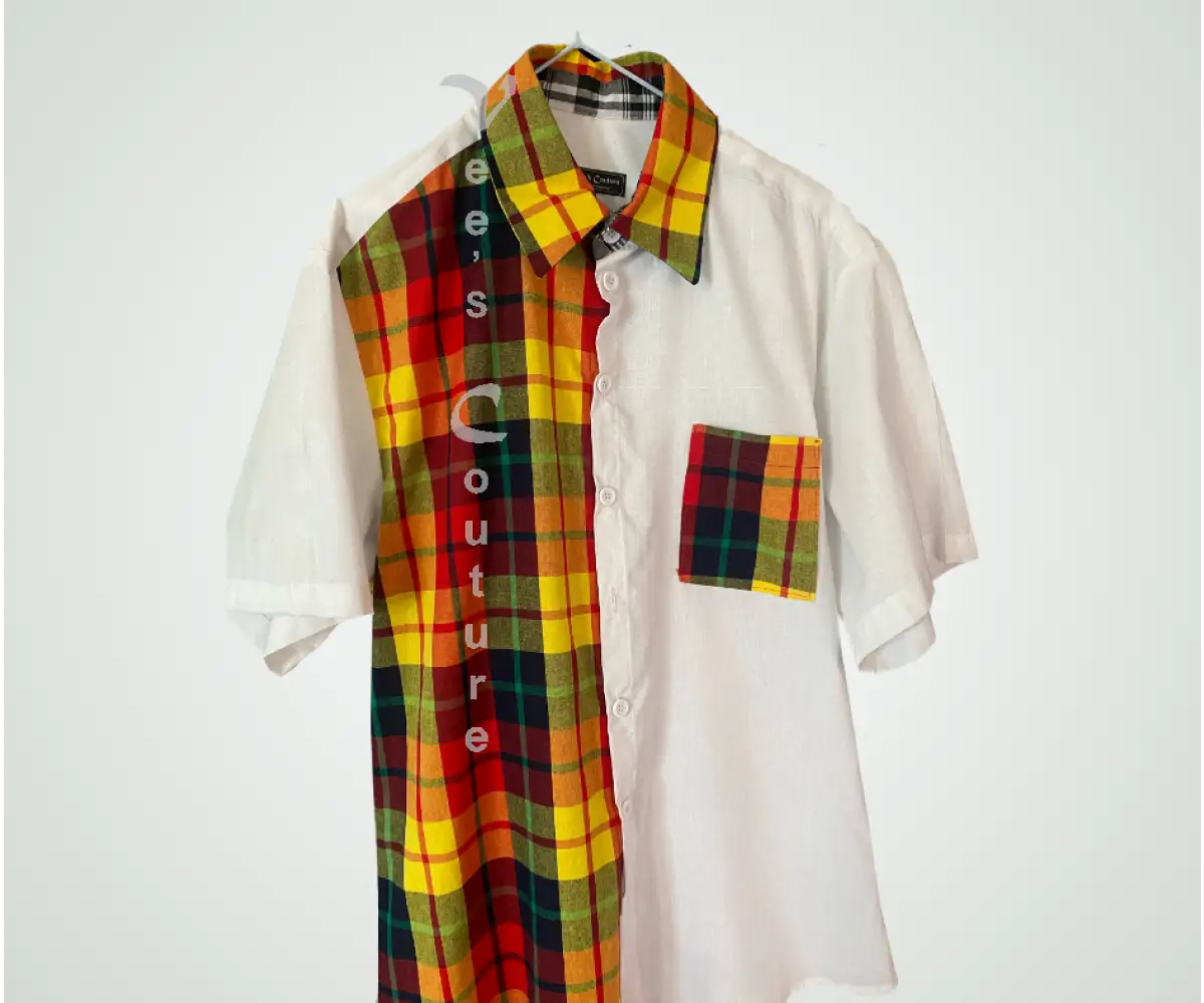 White Cotton W/ Madras - Men Shirt Creole Classic / L/Xl Men’s Shirt