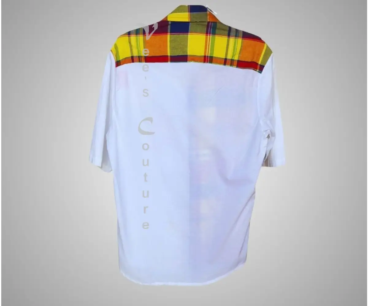 White Cotton w/ Madras - Button up Finish Men Shirt Creole Classic / L/XL MEN’S SHIRT